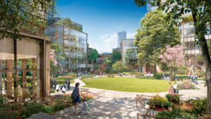 「虎ノ門・麻布台プロジェクト」中央広場のイメージ。都心に約6千平方メートルの緑の空間ができる